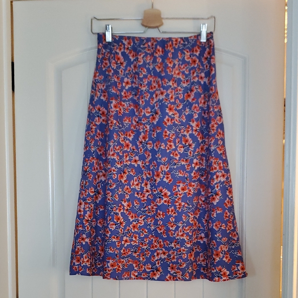 Ann Taylor Blue A-Line Midi Skirt with Coral Floral Print
